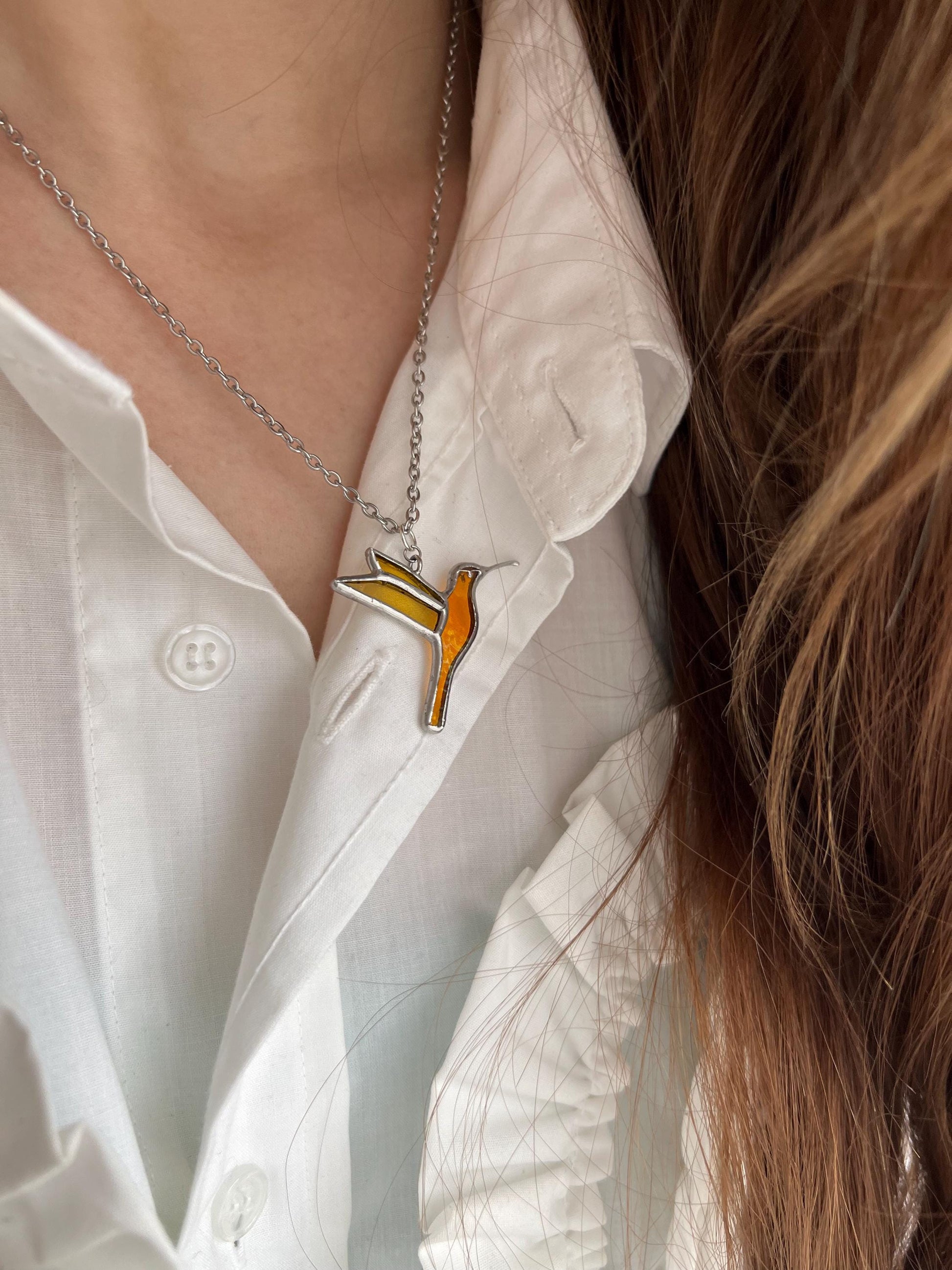 Stained Glass Hummingbird Necklace: Iridescent Bird Pendant, Summer Jewelry