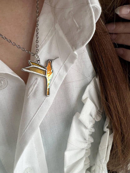 Stained Glass Hummingbird Necklace: Iridescent Suncatcher Pendant