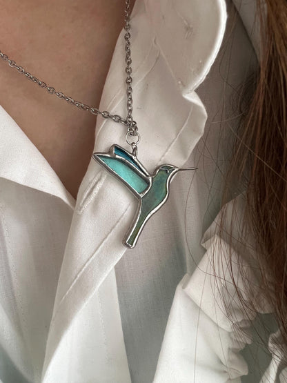 Stained Glass Hummingbird Necklace: Iridescent Bird Pendant, Summer Jewelry