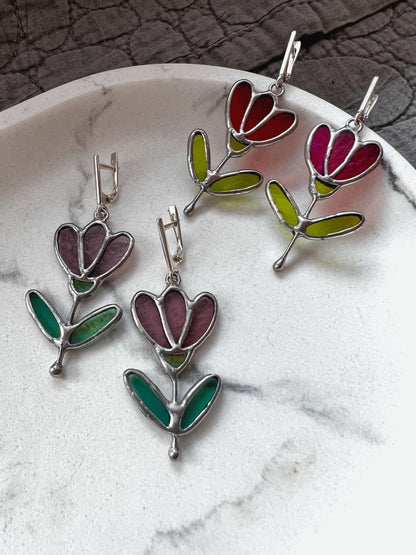 Stained glass dangle flower earrings, botanical earrings, handmade earrings, nature earrings, birthday gift, art glass earrings, sister gift