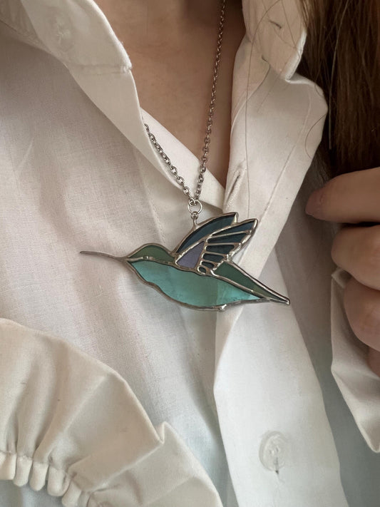Handmade hummingbird charm necklace, stained glass statement pendant necklace, unique bird suncatcher necklace, nature jewelry, gift for her