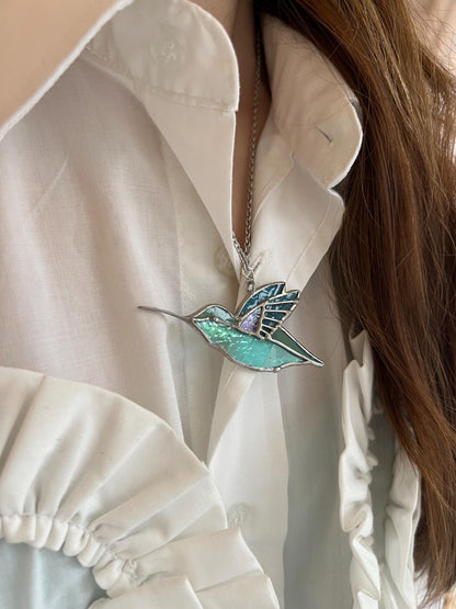 Handmade Stained Glass Hummingbird Necklace: Nature Suncatcher Pendant