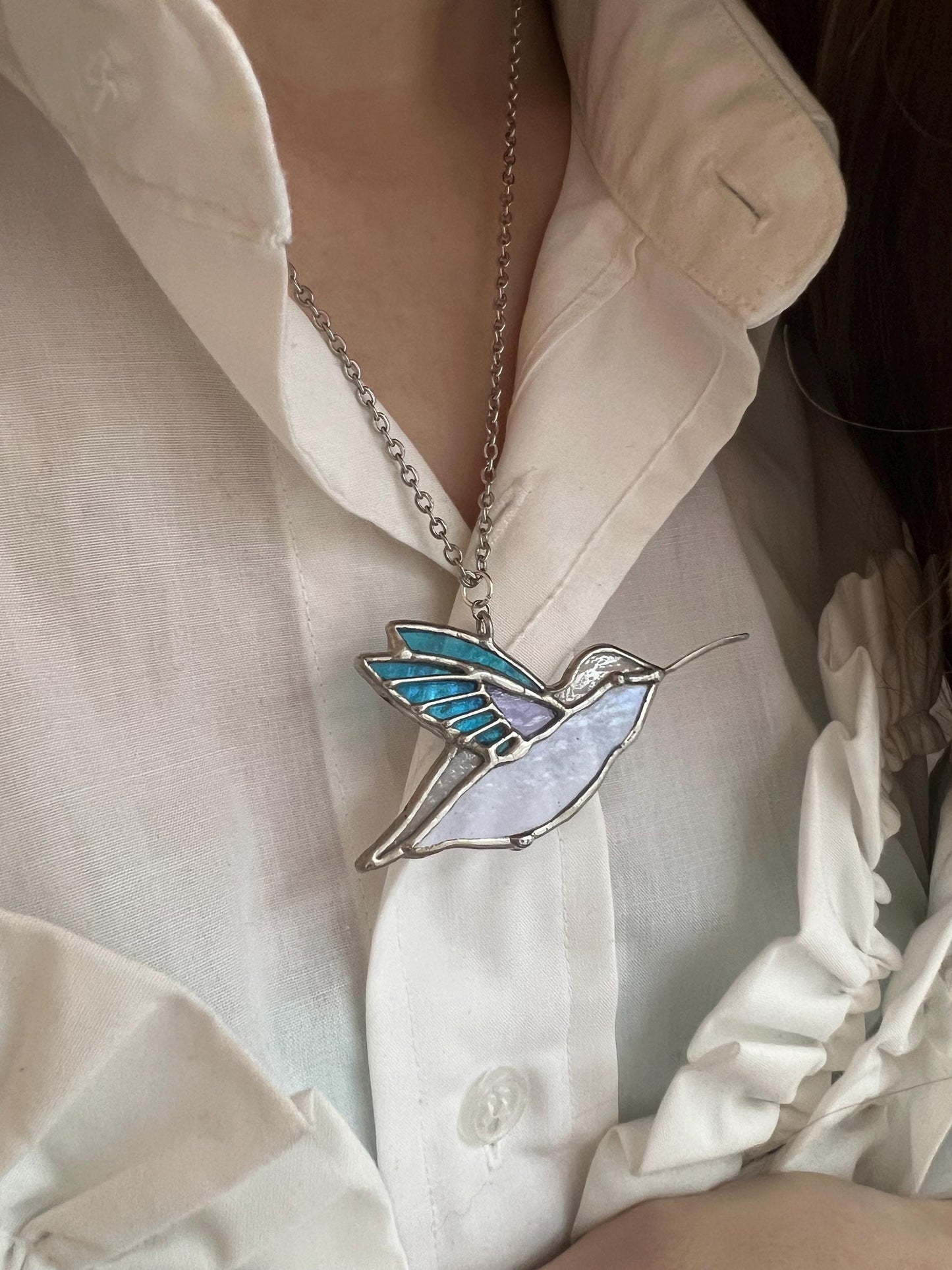 Stained Glass Hummingbird Necklace: Turquoise Purple Suncatcher Pendant
