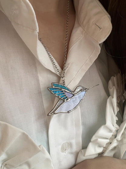 Stained Glass Hummingbird Necklace: Turquoise Purple Suncatcher Pendant