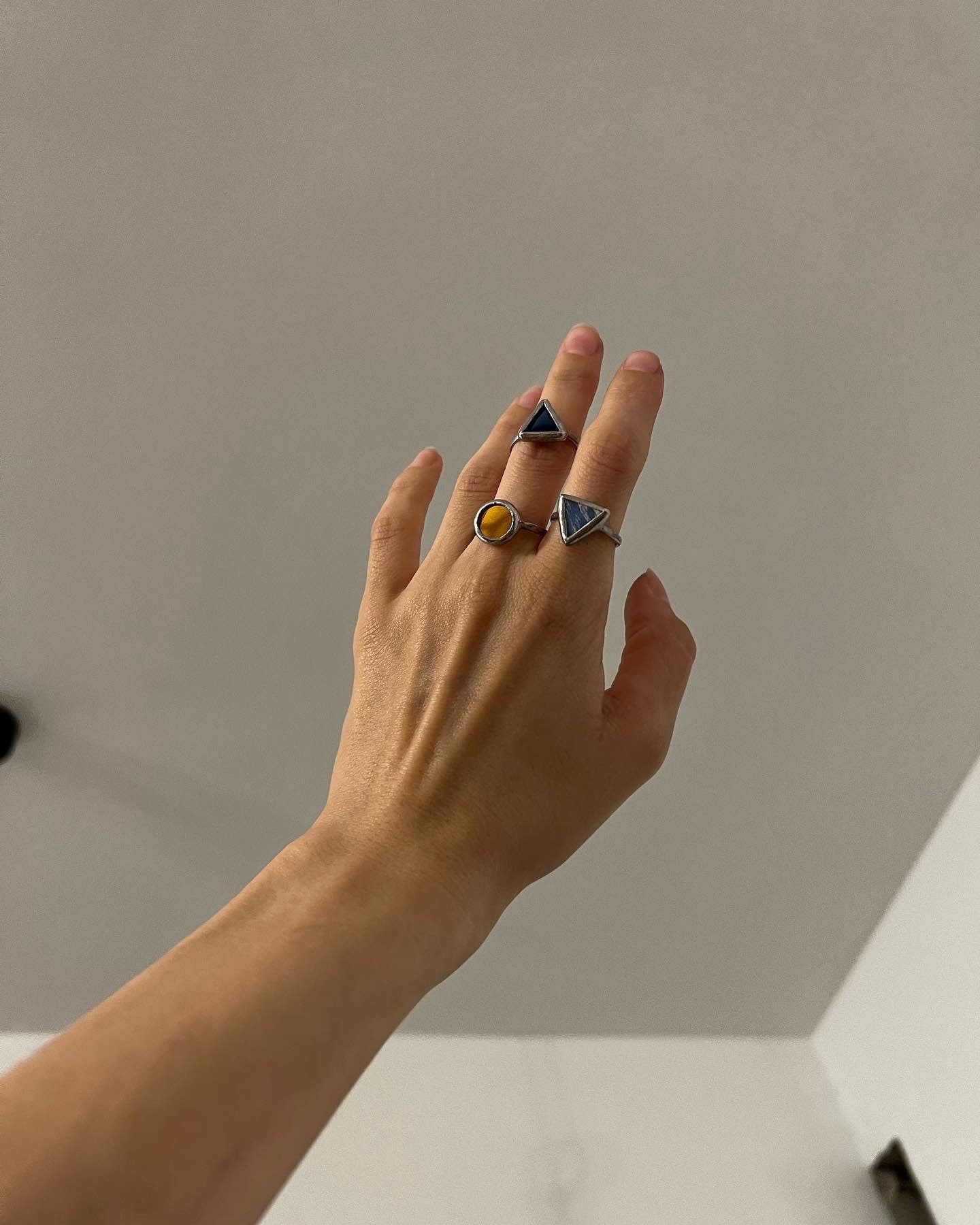 Geometric ring set, heart round triangle rings, stained glass ring, blue yellow rings for woman, chunky statement ring, gift for her