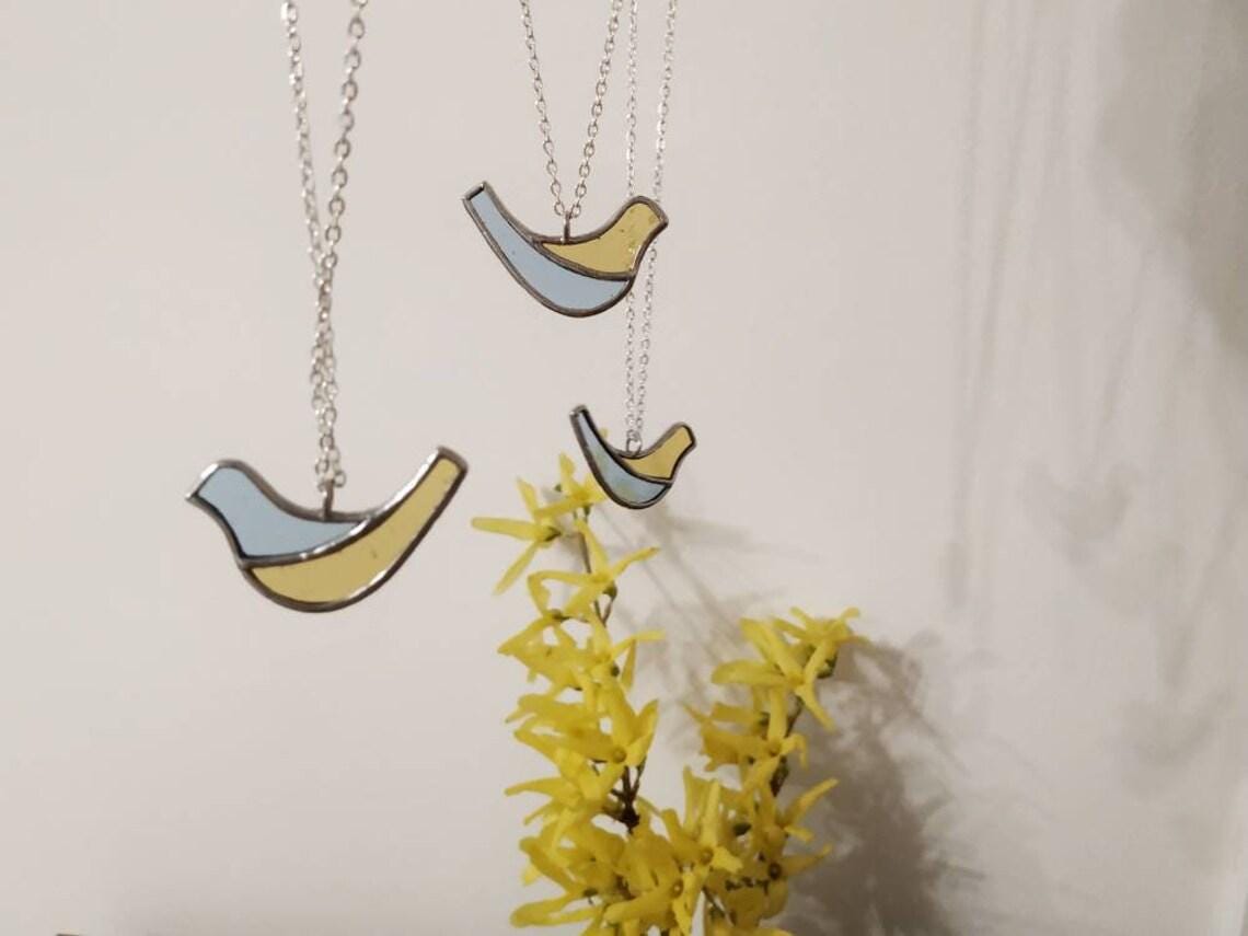 Stained Glass Bird Necklace: Handmade Blue & Yellow Dove Pendant