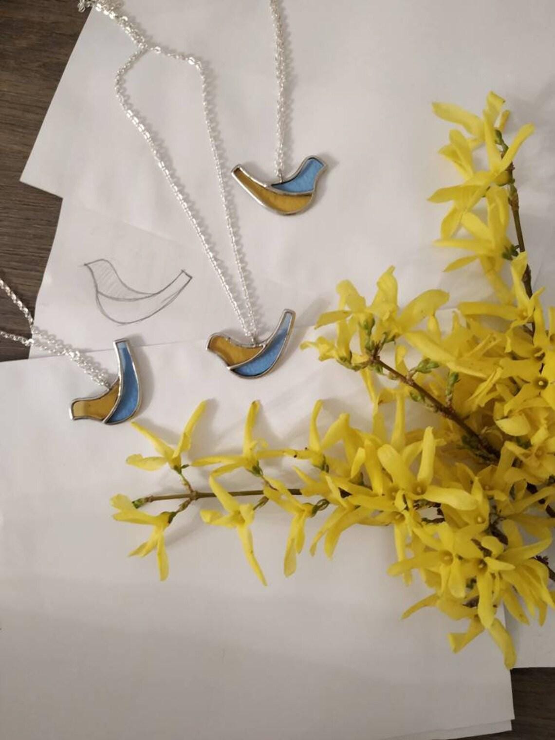 Stained Glass Bird Necklace: Handmade Blue & Yellow Dove Pendant
