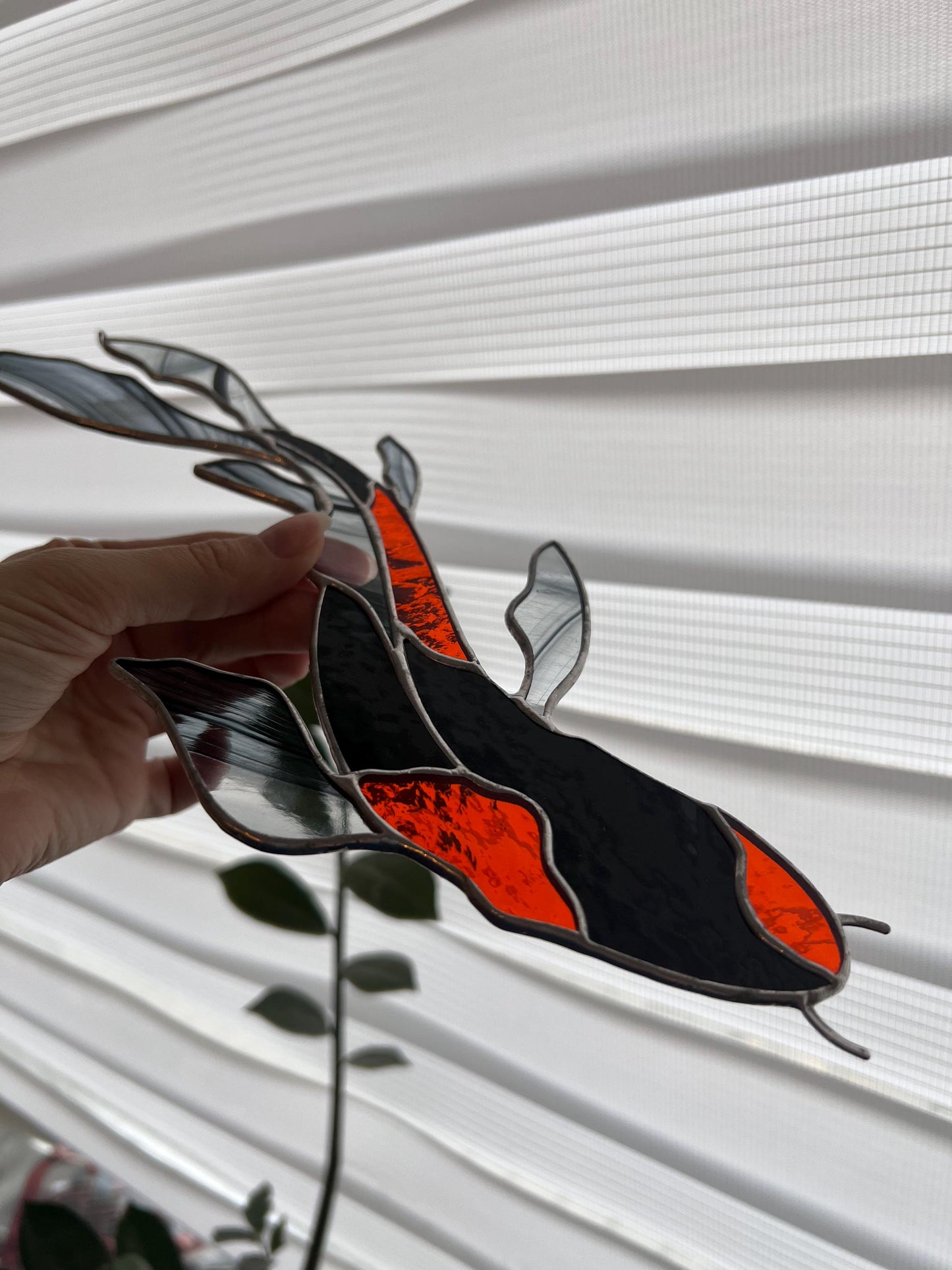 Black and orange koi fish sun catcher handmade stained glass