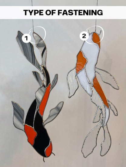 Two koi fish stained glass decor orange white handmade