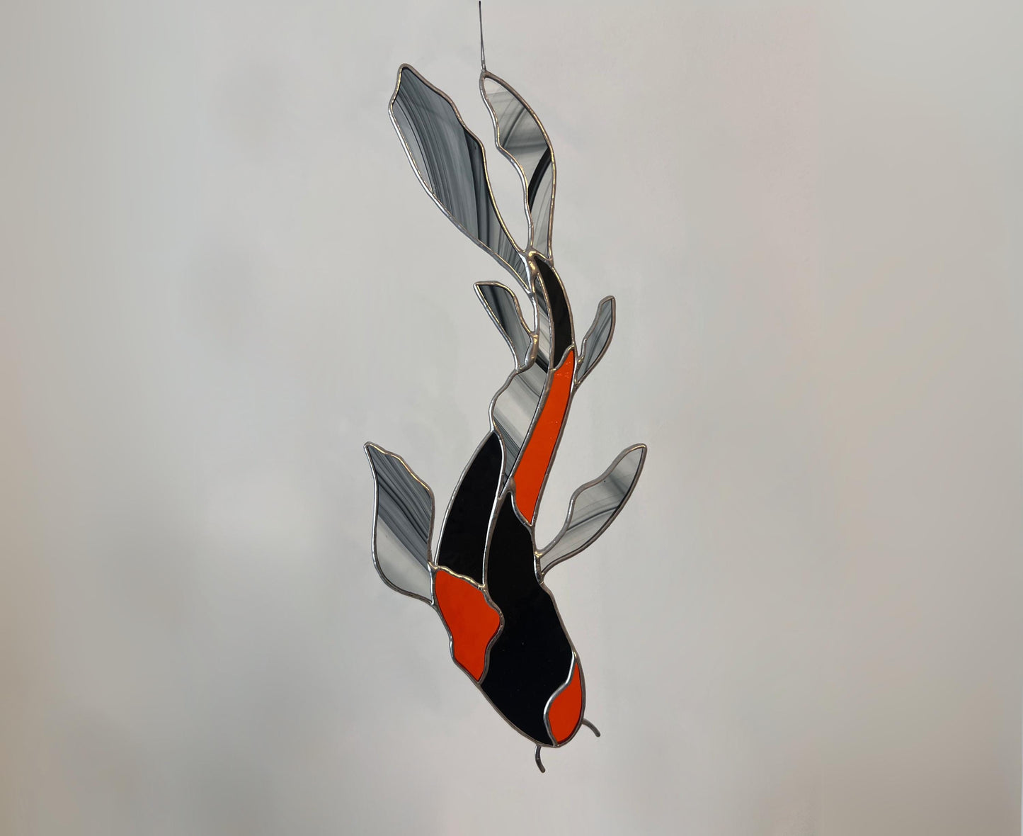 Handmade stained glass koi fish black orange window hanging art