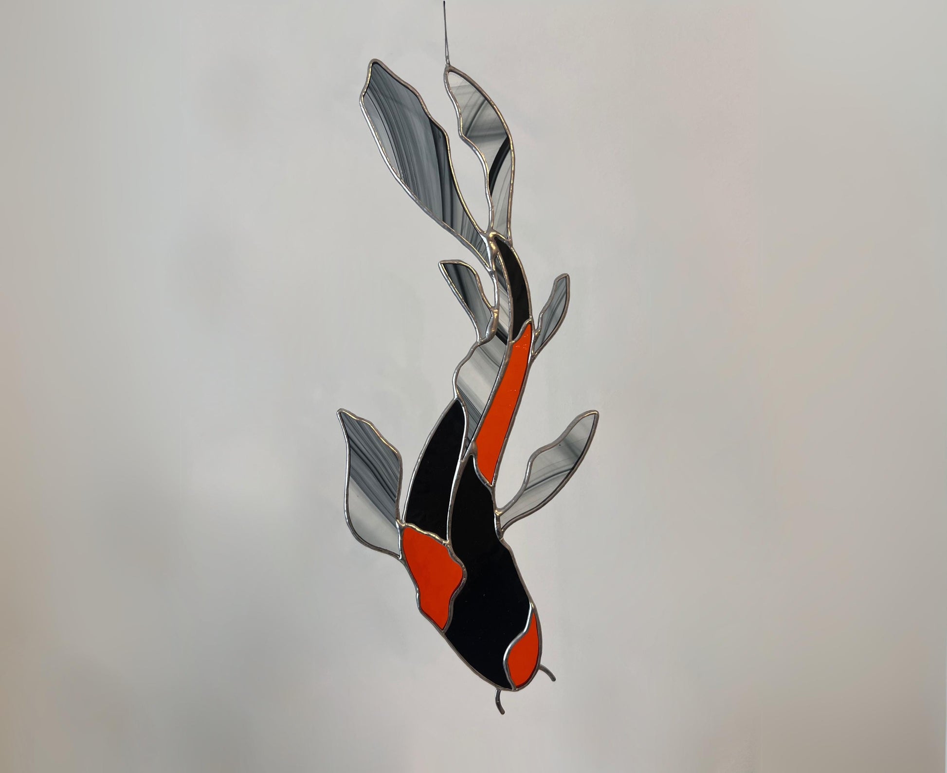 Handmade stained glass koi fish black orange window hanging art
