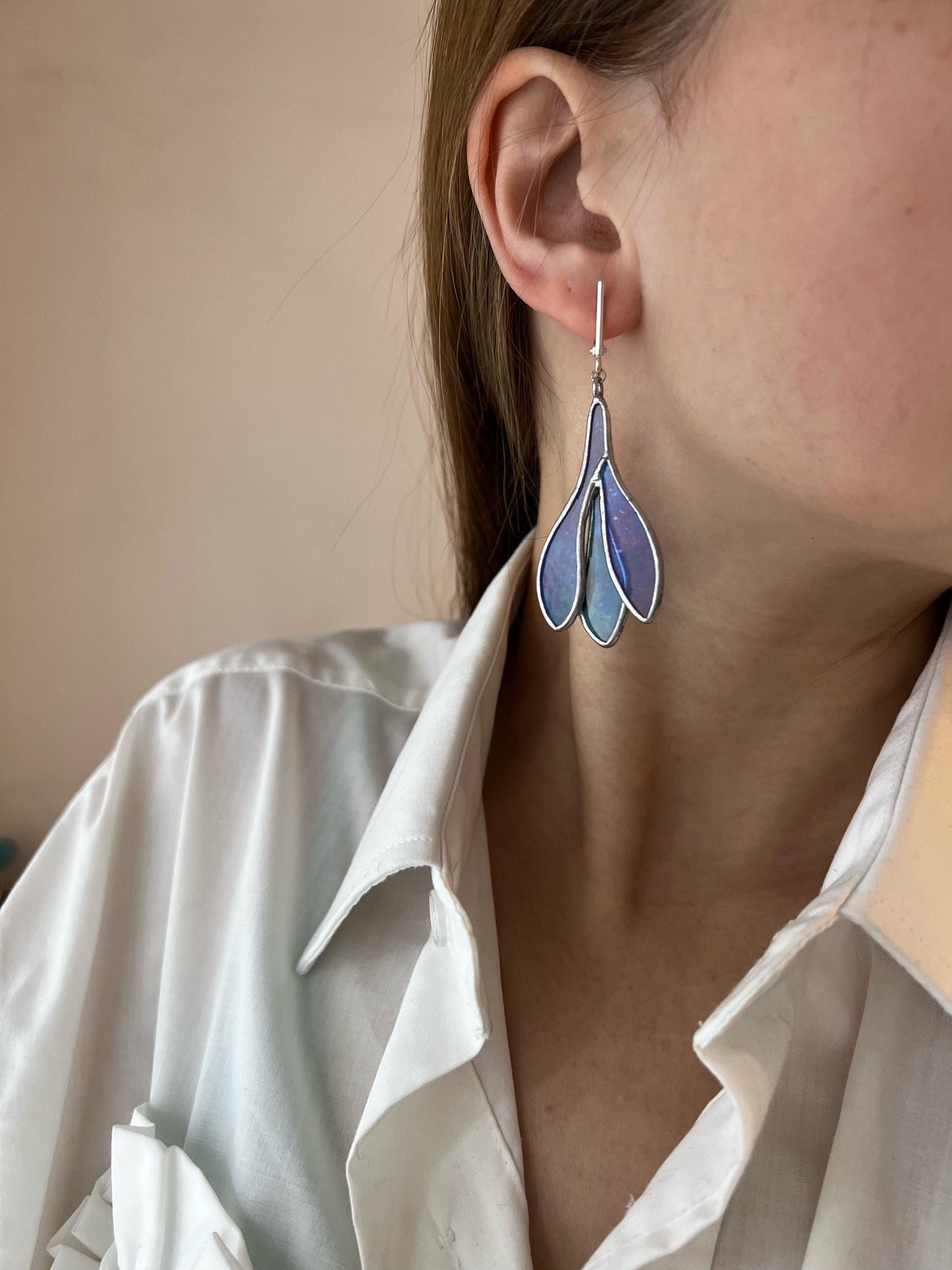 Bridal Crocus Dangle Earrings: Stained Glass Floral Jewelry on silver hooks shipping from USA