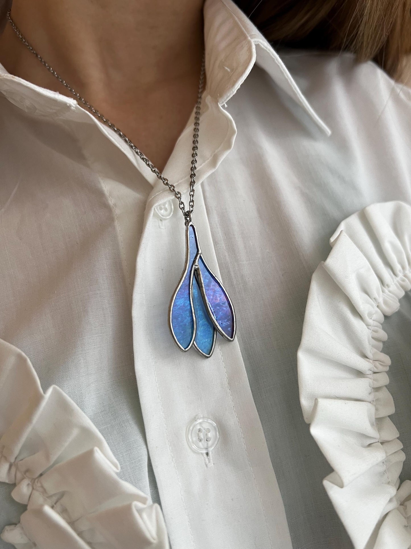 Iridescent blue flower necklace botanical jewelry on chain