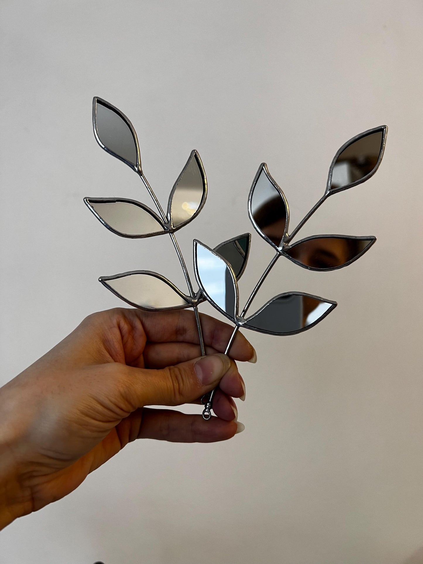 Stained Glass Mirror Leaf Stem: Botanical Wall Decor