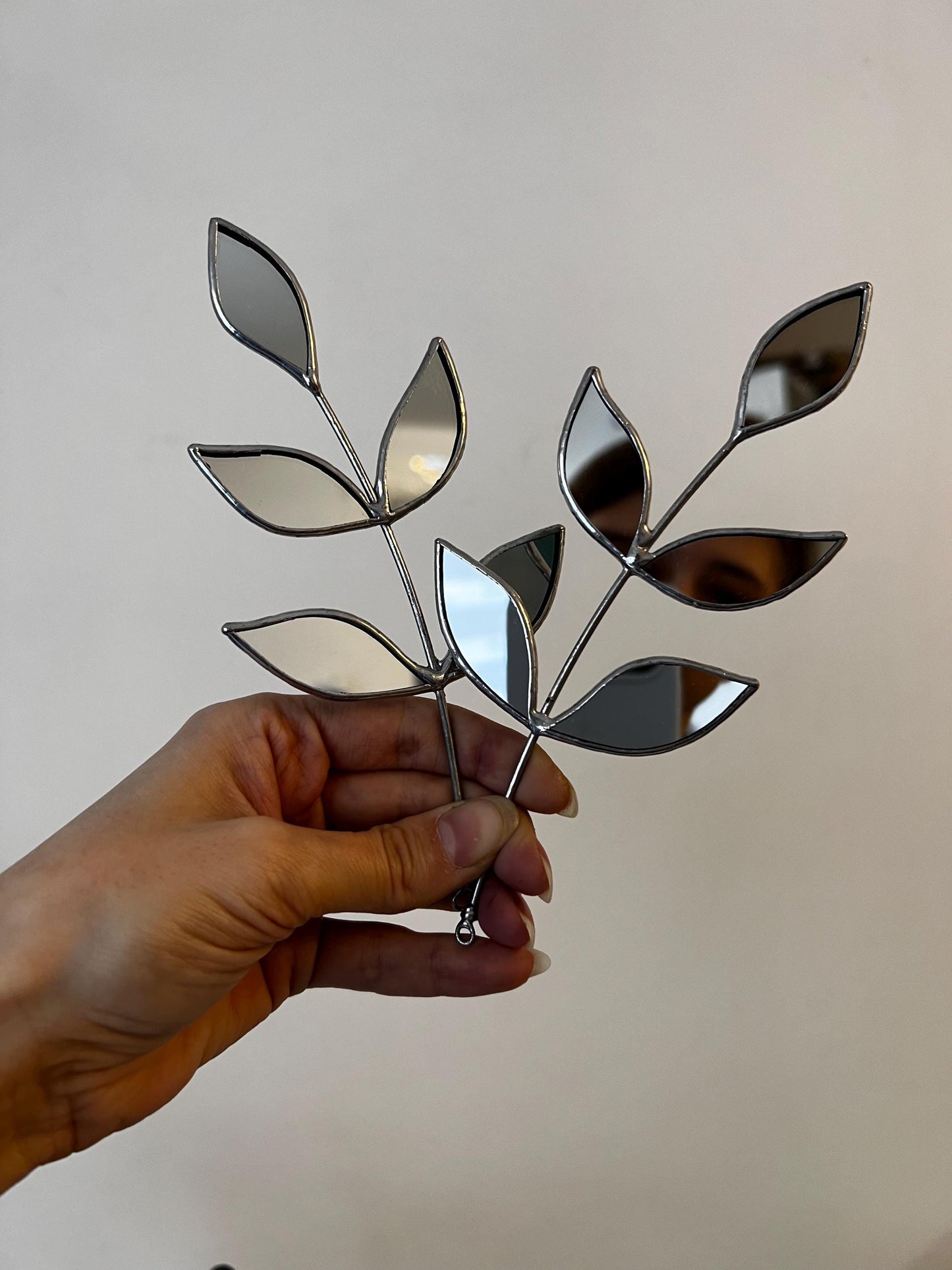 Mirror leaf stem wall decor, decorative minimalist mirror, botanical wall hanging, stained glass art, nature lover gift, plant home decor
