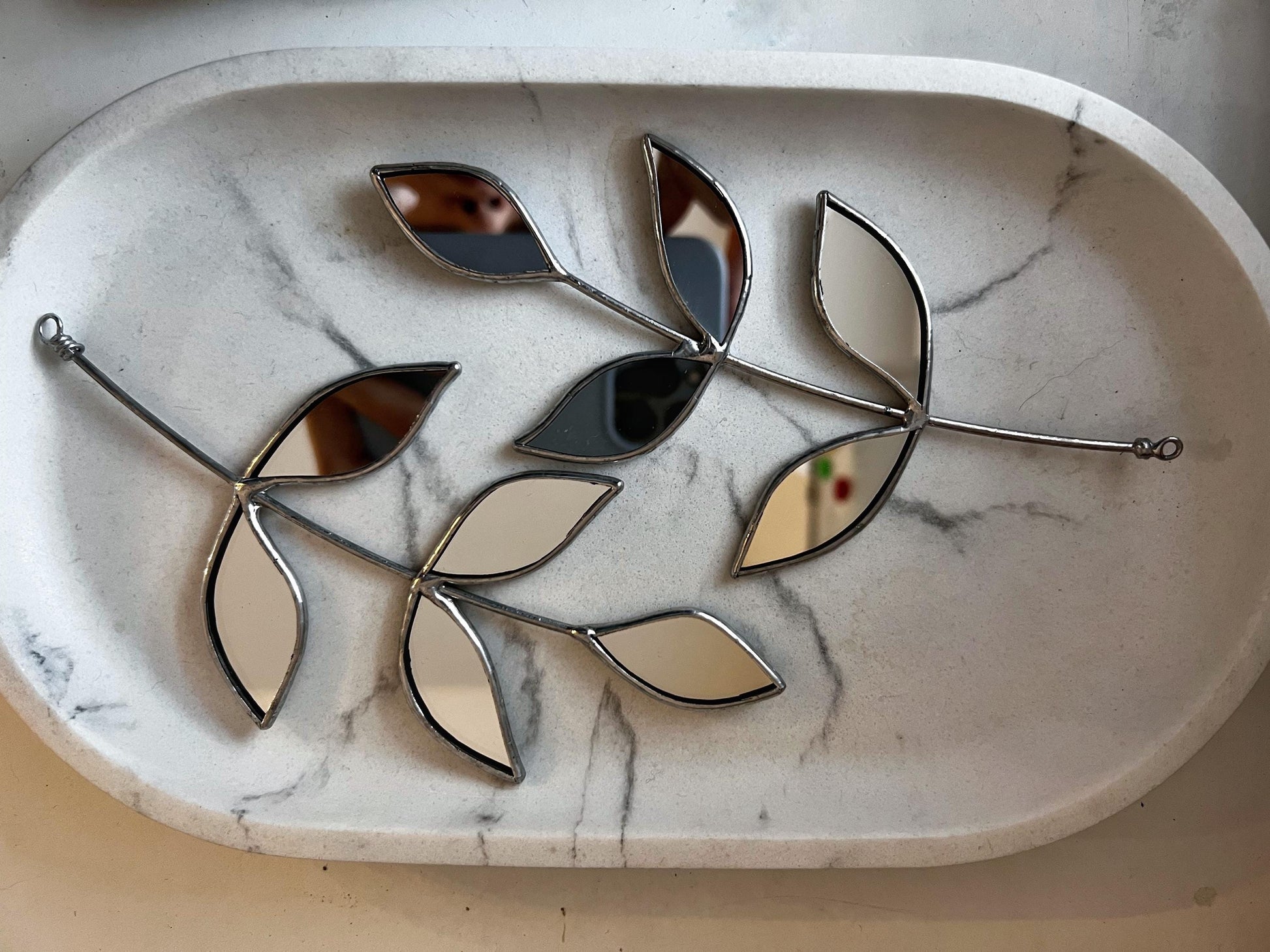 Stained Glass Mirror Leaf Stem: Botanical Wall Decor