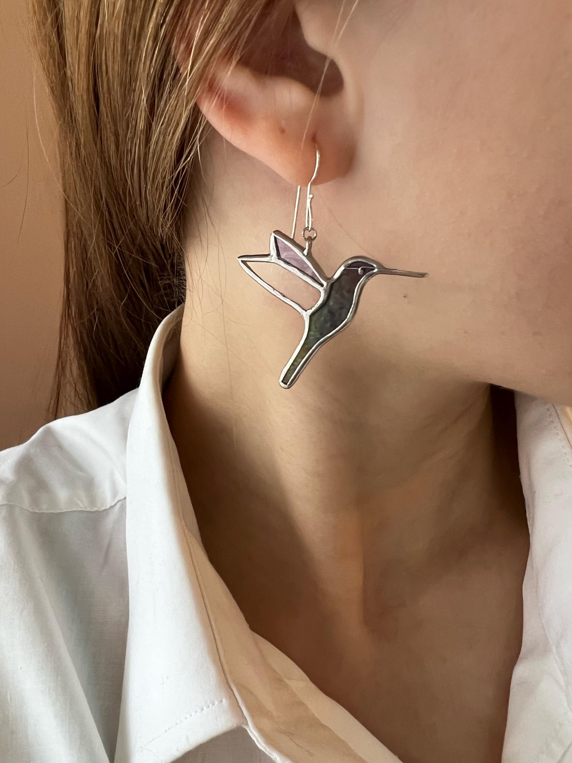 Stained Glass Hummingbird Earrings: Iridescent Spring Jewelry
