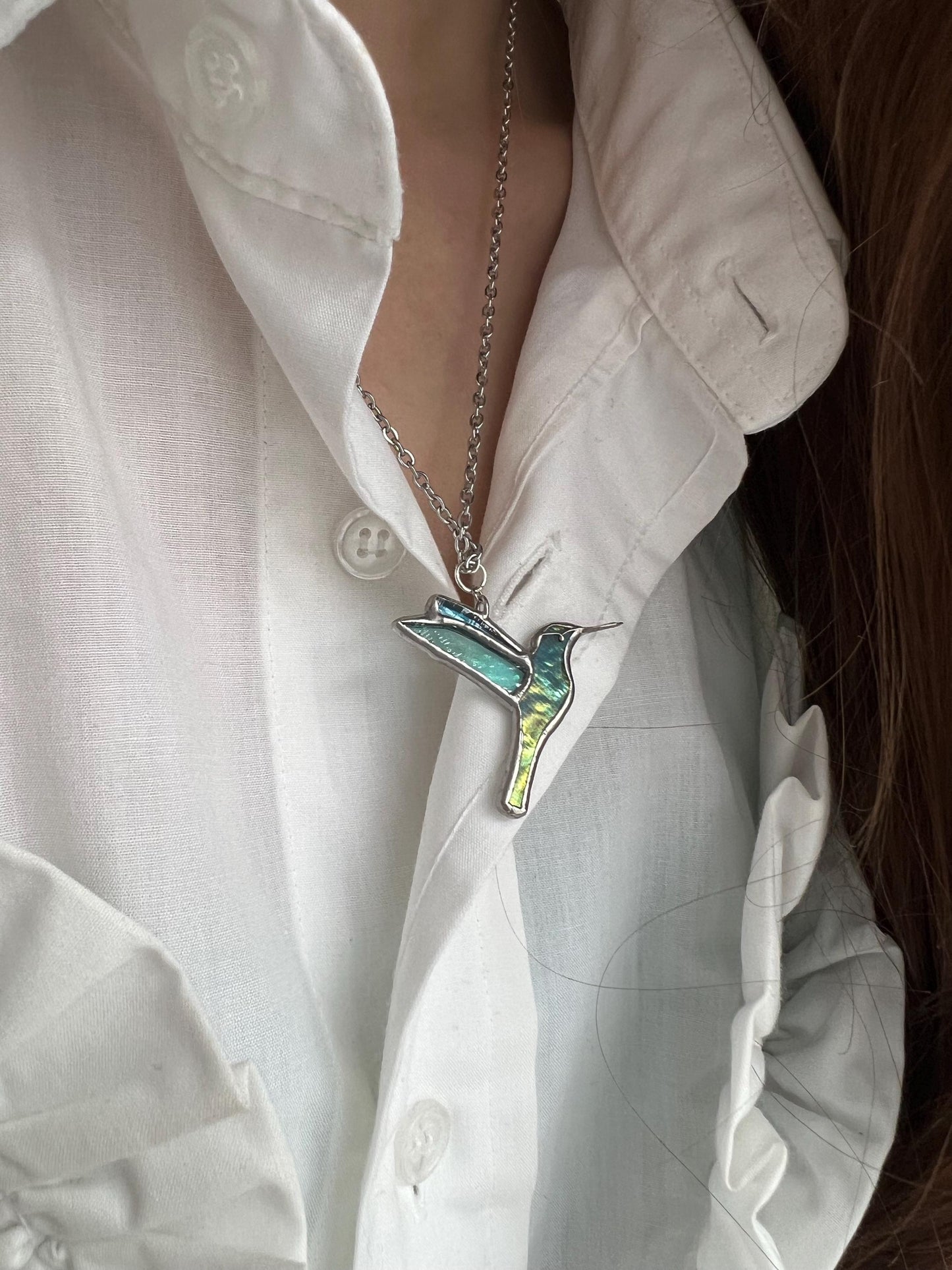 Stained Glass Hummingbird Necklace: Iridescent Suncatcher Pendant