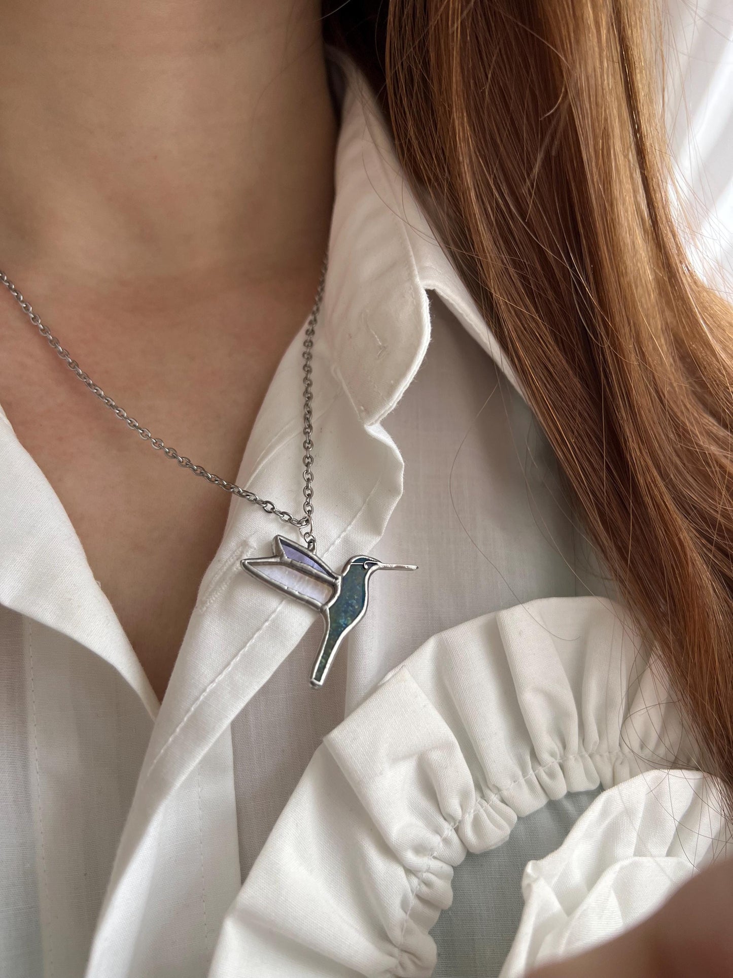 Stained Glass Hummingbird Necklace: Iridescent Suncatcher Pendant