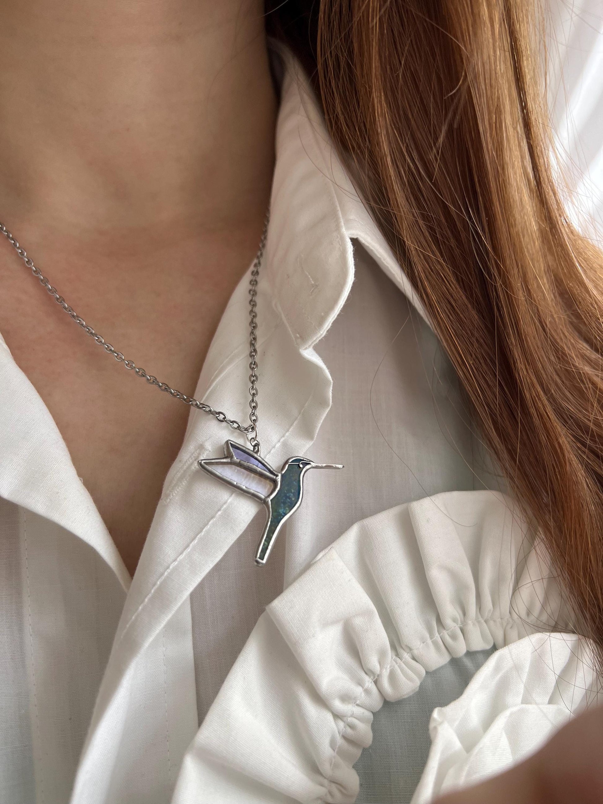 Stained Glass Hummingbird Necklace: Iridescent Suncatcher Pendant