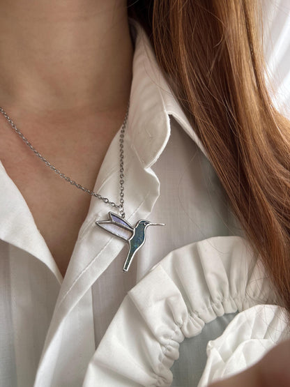 Stained Glass Hummingbird Necklace: Iridescent Suncatcher Pendant