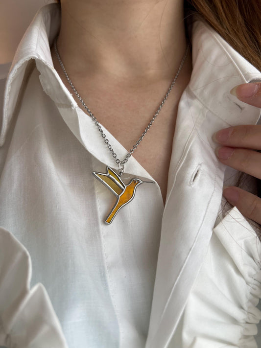 Stained glass hummingbird necklace, pendant suncatcher nature necklace, bird lover gift, hummingbird charm, birdwatcher jewelry for women