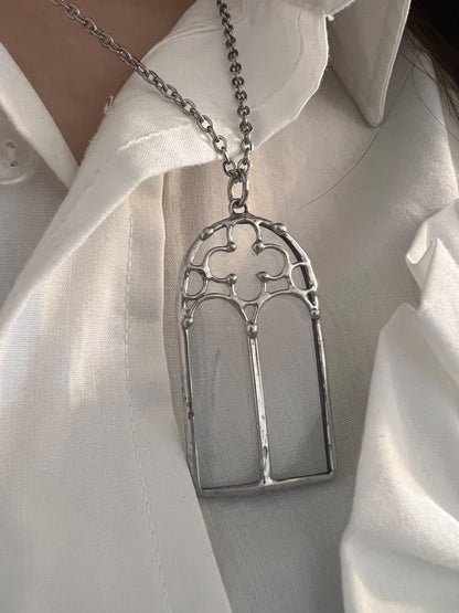 Gothic Cathedral Window Pendant Necklace: Stained Glass Architecture Jewelry