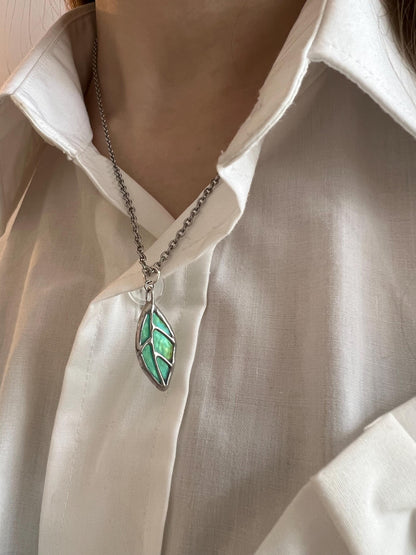 Stained Glass Oak Leaf Pendant Necklace: Botanical Jewelry