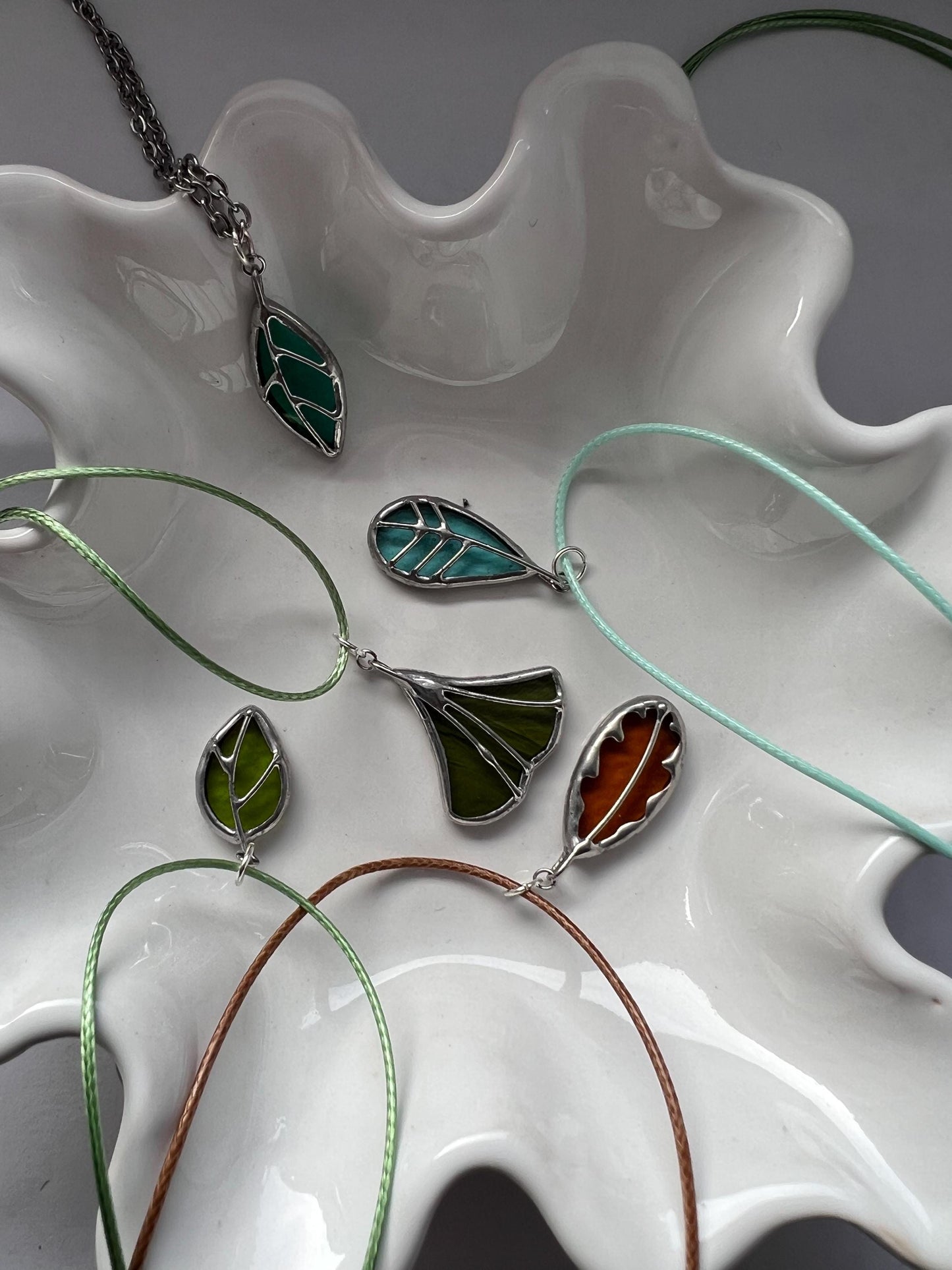 Green Stained Glass Leaf Necklace: Botanical Pendant Jewelry