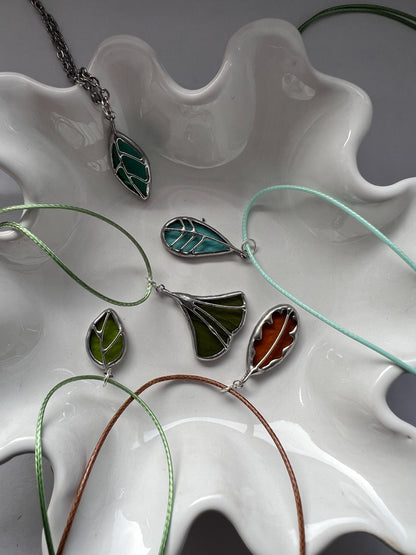 Stained Glass Leaf Pendant Necklace: Green Woodland Jewelry