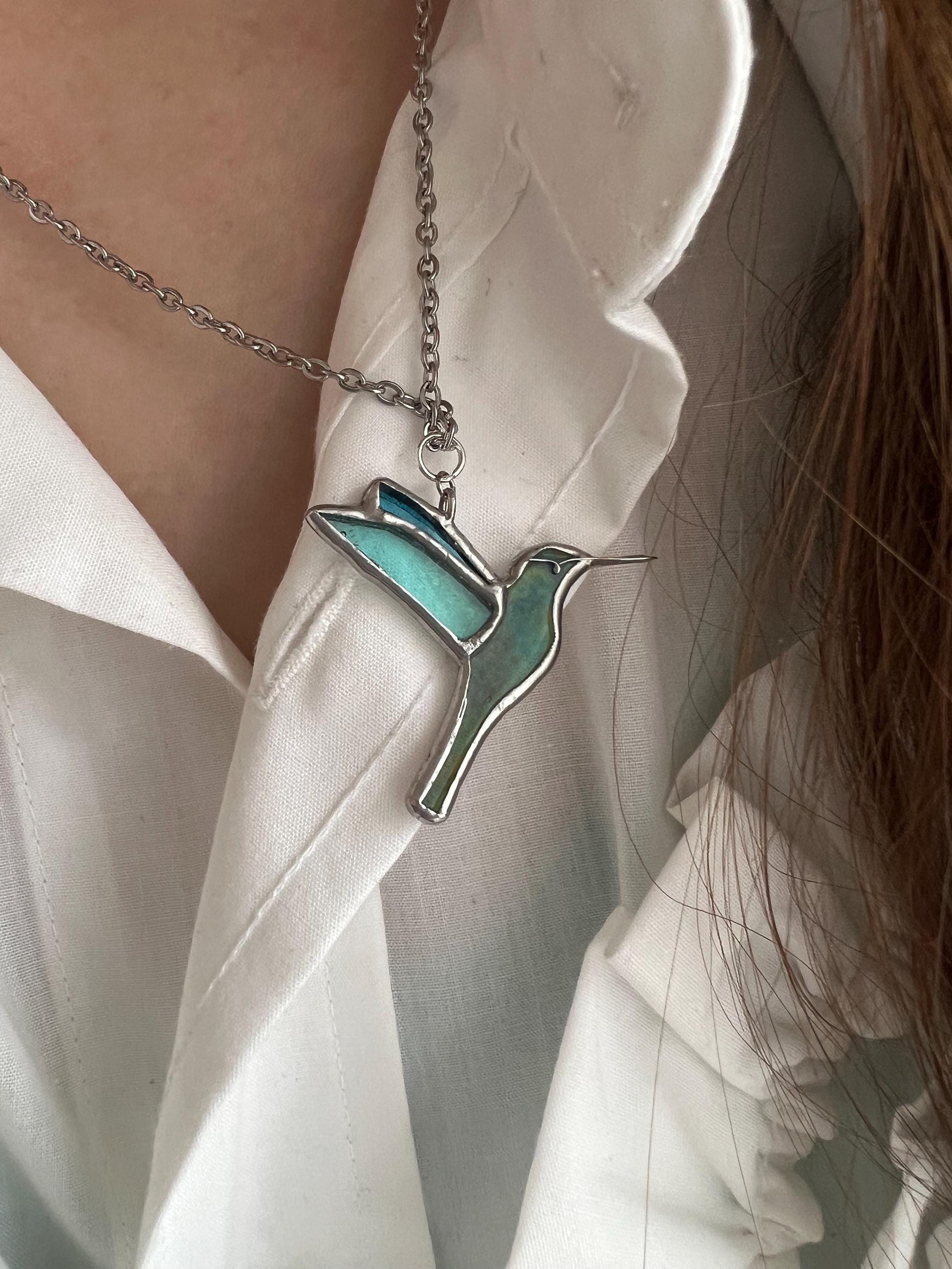 Hummingbird nature inspired necklace, stained glass suncatcher necklace, unique pendant necklace, bird lover gift, bird necklace, mom gift