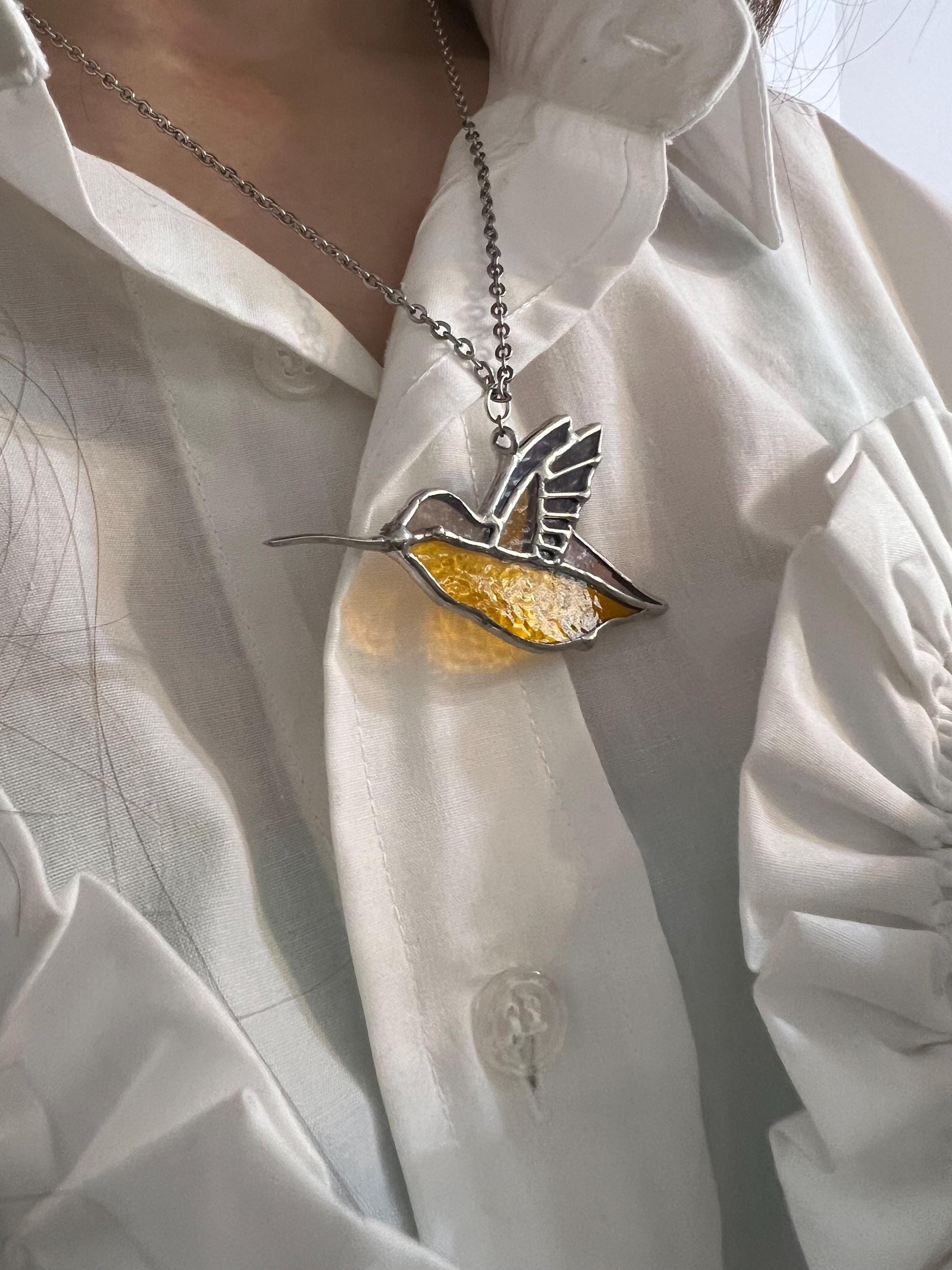 Stained Glass Hummingbird Necklace: Turquoise Purple Suncatcher Pendant