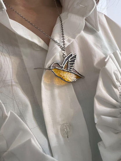Handmade Stained Glass Hummingbird Necklace: Nature Suncatcher Pendant