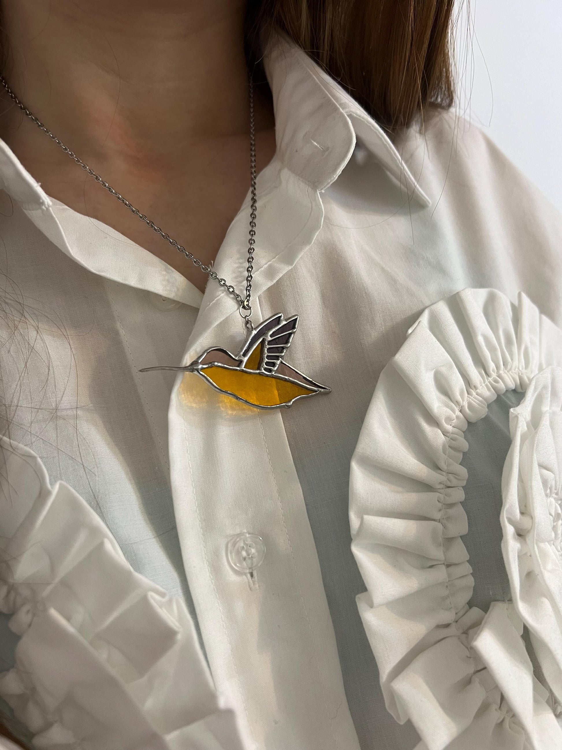 Stained Glass Hummingbird Necklace: Turquoise Purple Suncatcher Pendant