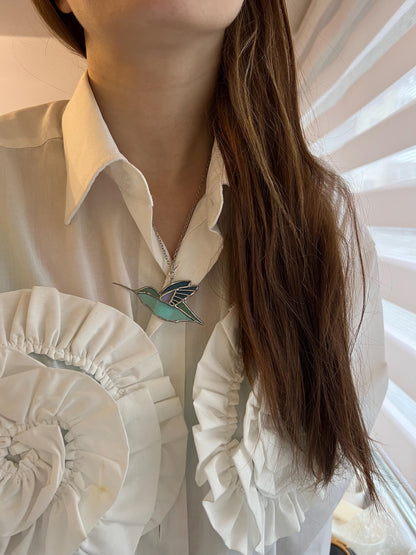 Handmade Stained Glass Hummingbird Necklace: Nature Suncatcher Pendant