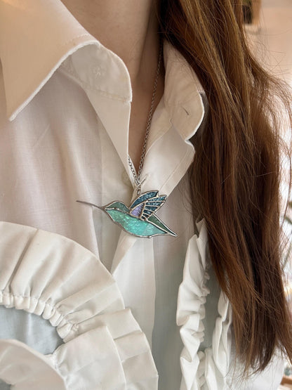 Stained Glass Hummingbird Necklace: Turquoise Purple Suncatcher Pendant