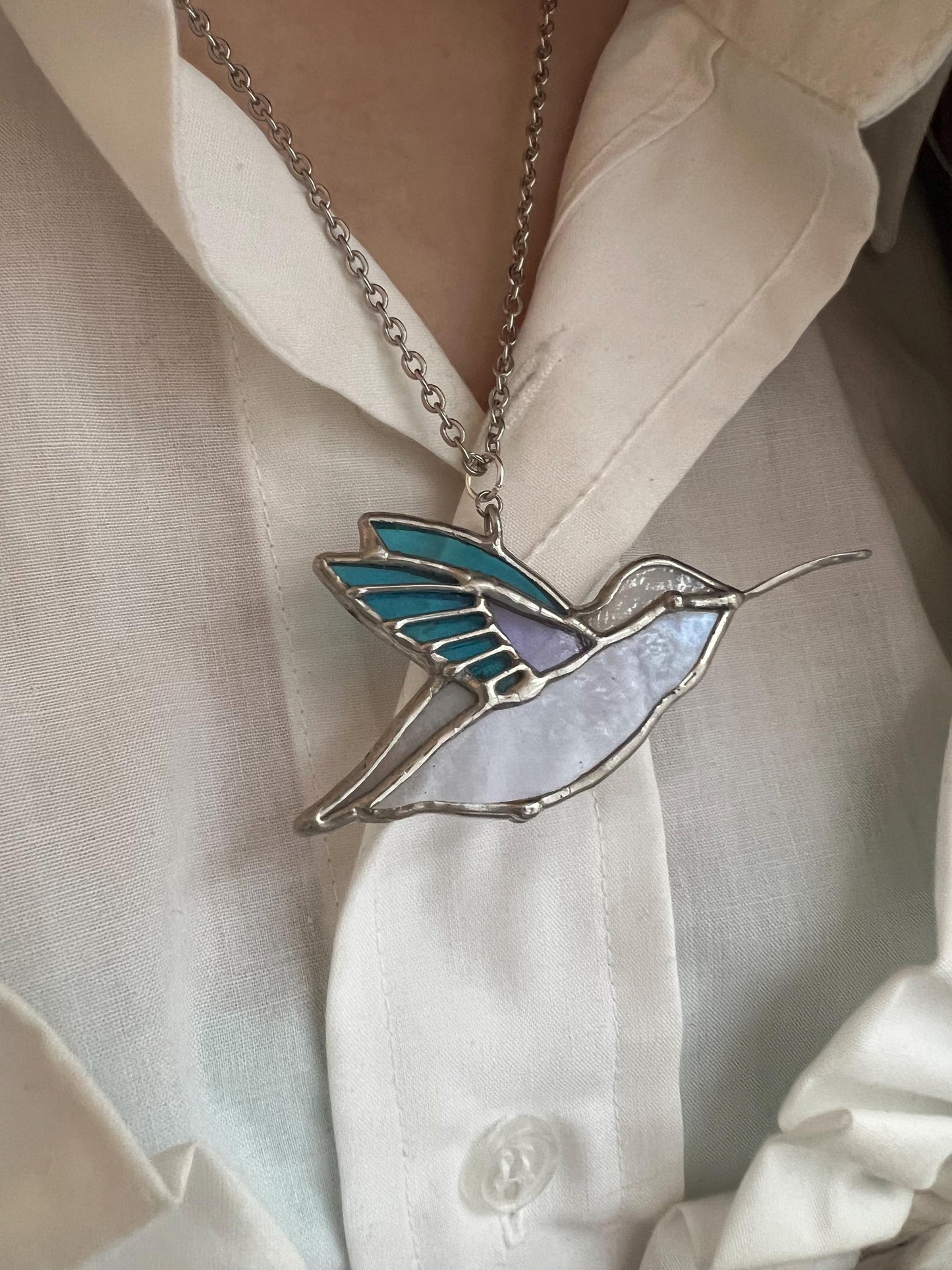 Handmade hummingbird charm necklace, stained glass statement pendant necklace, unique bird suncatcher necklace, nature jewelry, gift for her