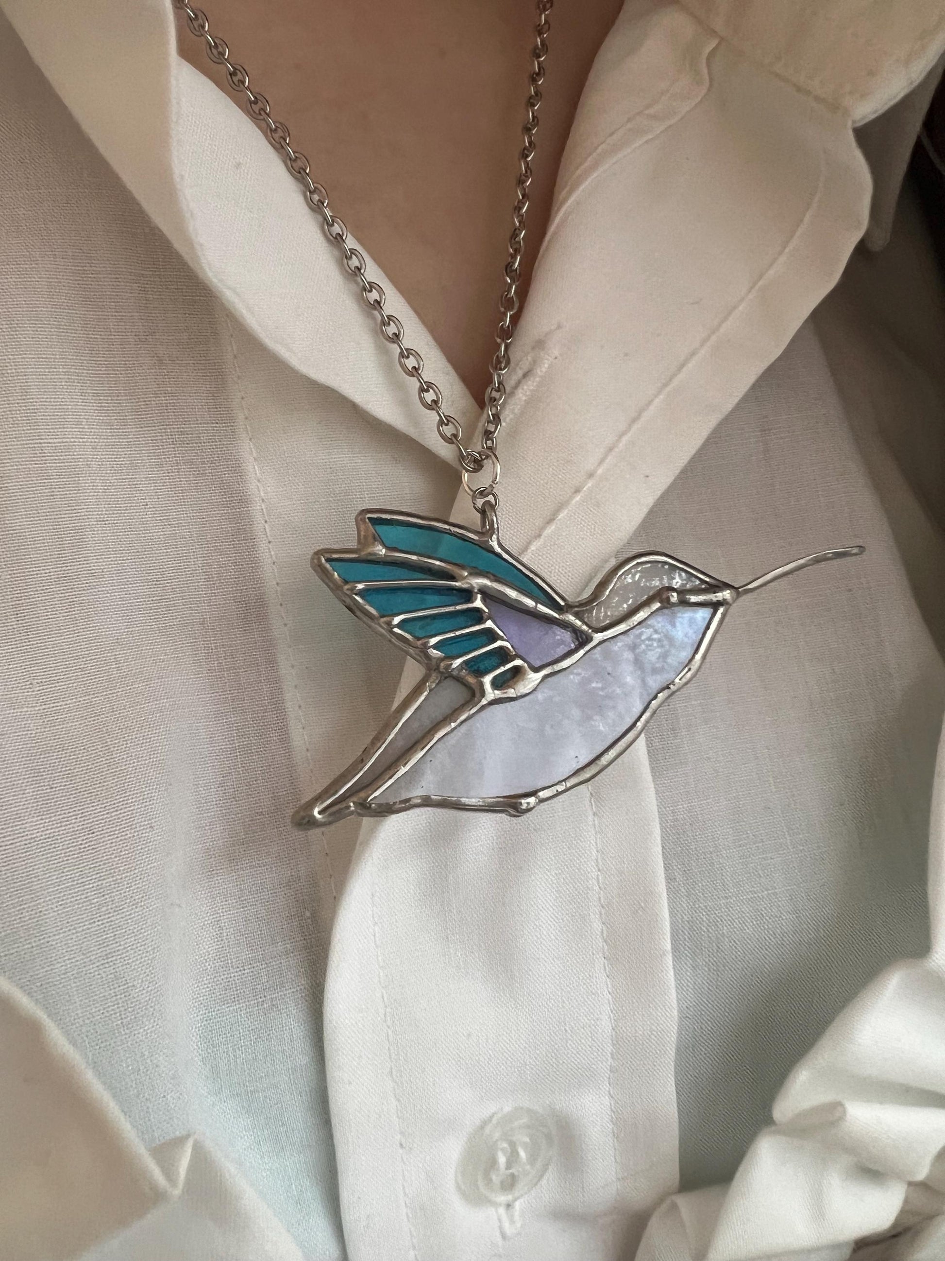 Handmade hummingbird charm necklace, stained glass statement pendant necklace, unique bird suncatcher necklace, nature jewelry, gift for her