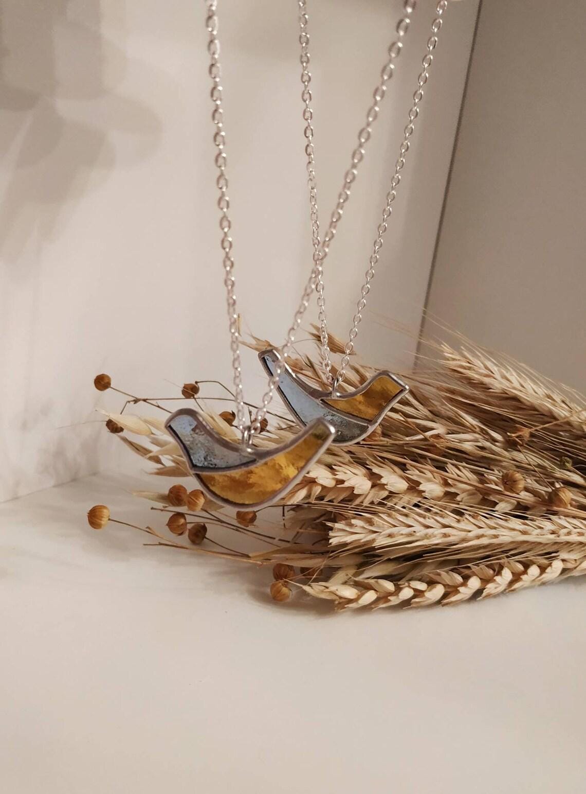 Stained Glass Bird Necklace: Handmade Blue & Yellow Dove Pendant