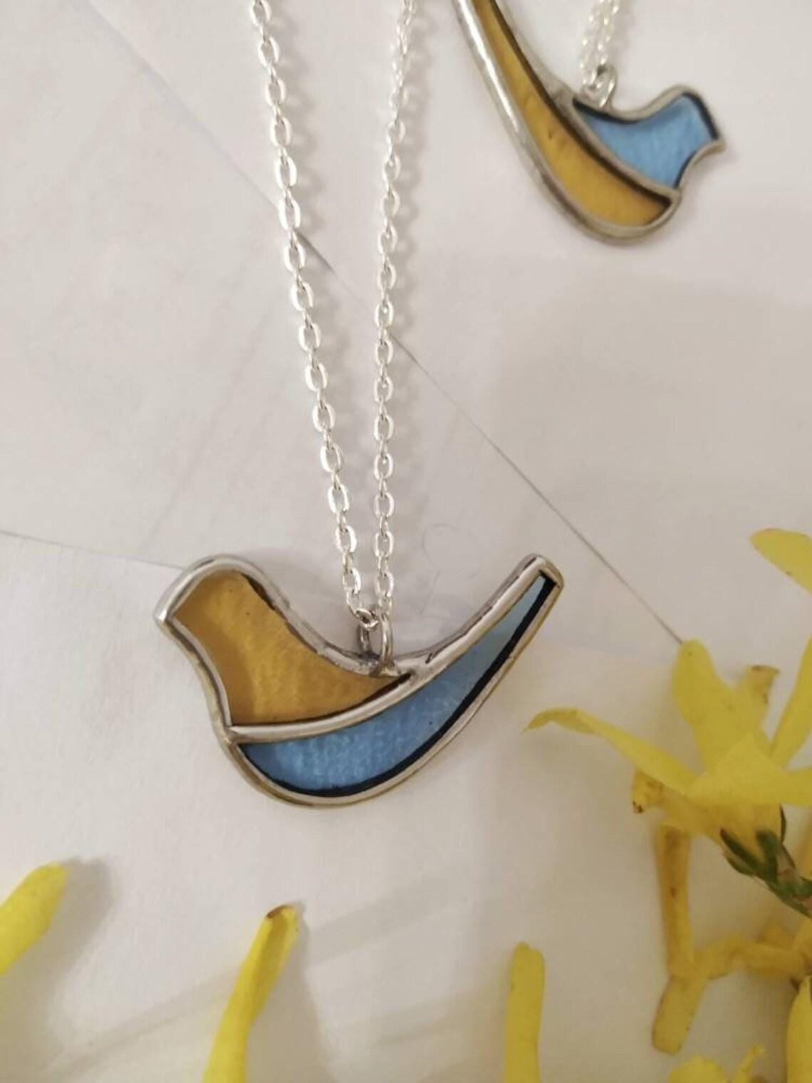 Stained Glass Bird Necklace: Handmade Blue & Yellow Dove Pendant