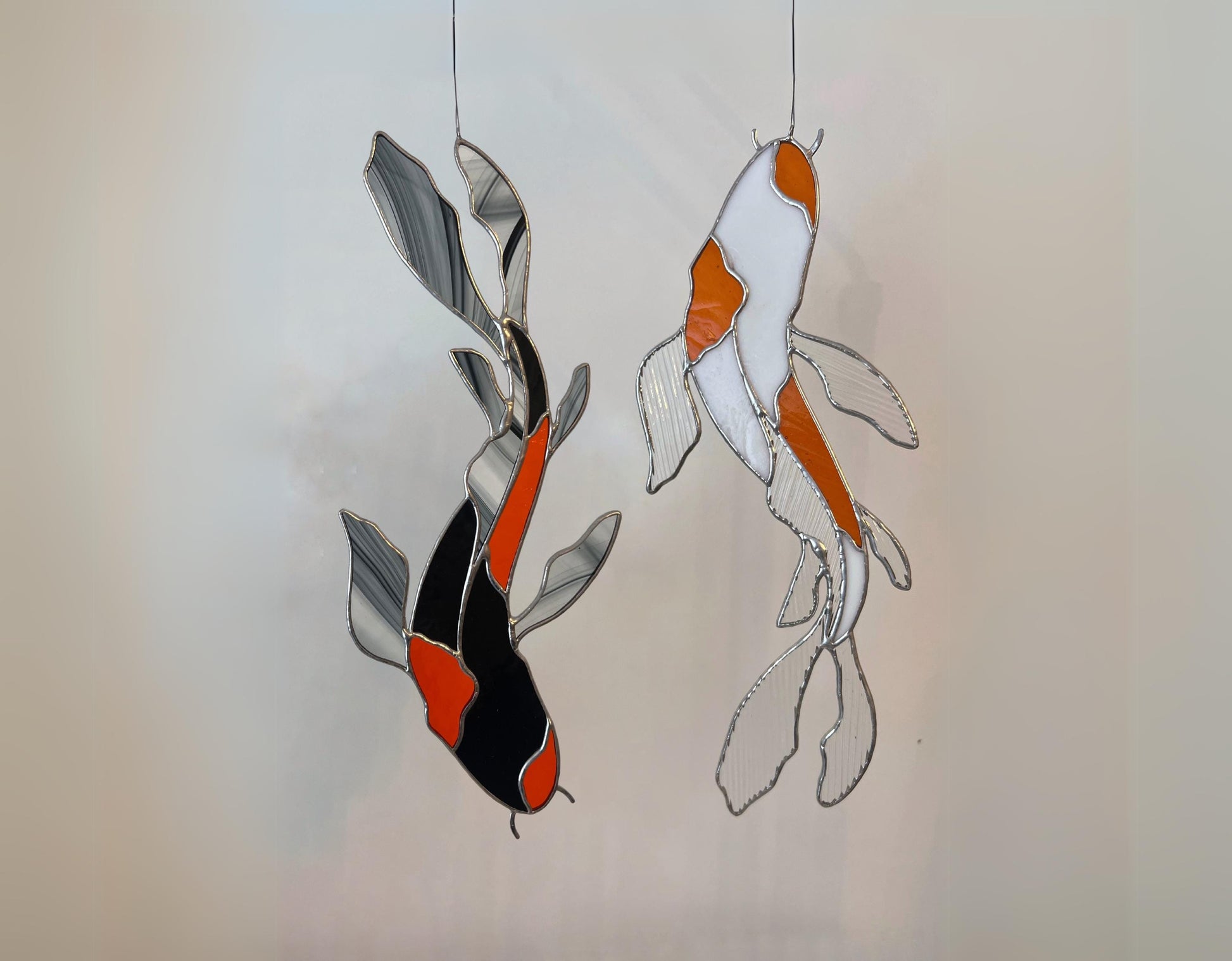 Japanese koi stained glass pair light reflection window art