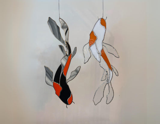 Pair of stained glass koi carp, hanging window suncatcher, koi fish decor, japanese gifts, asian wall hangings, unique stained glass art