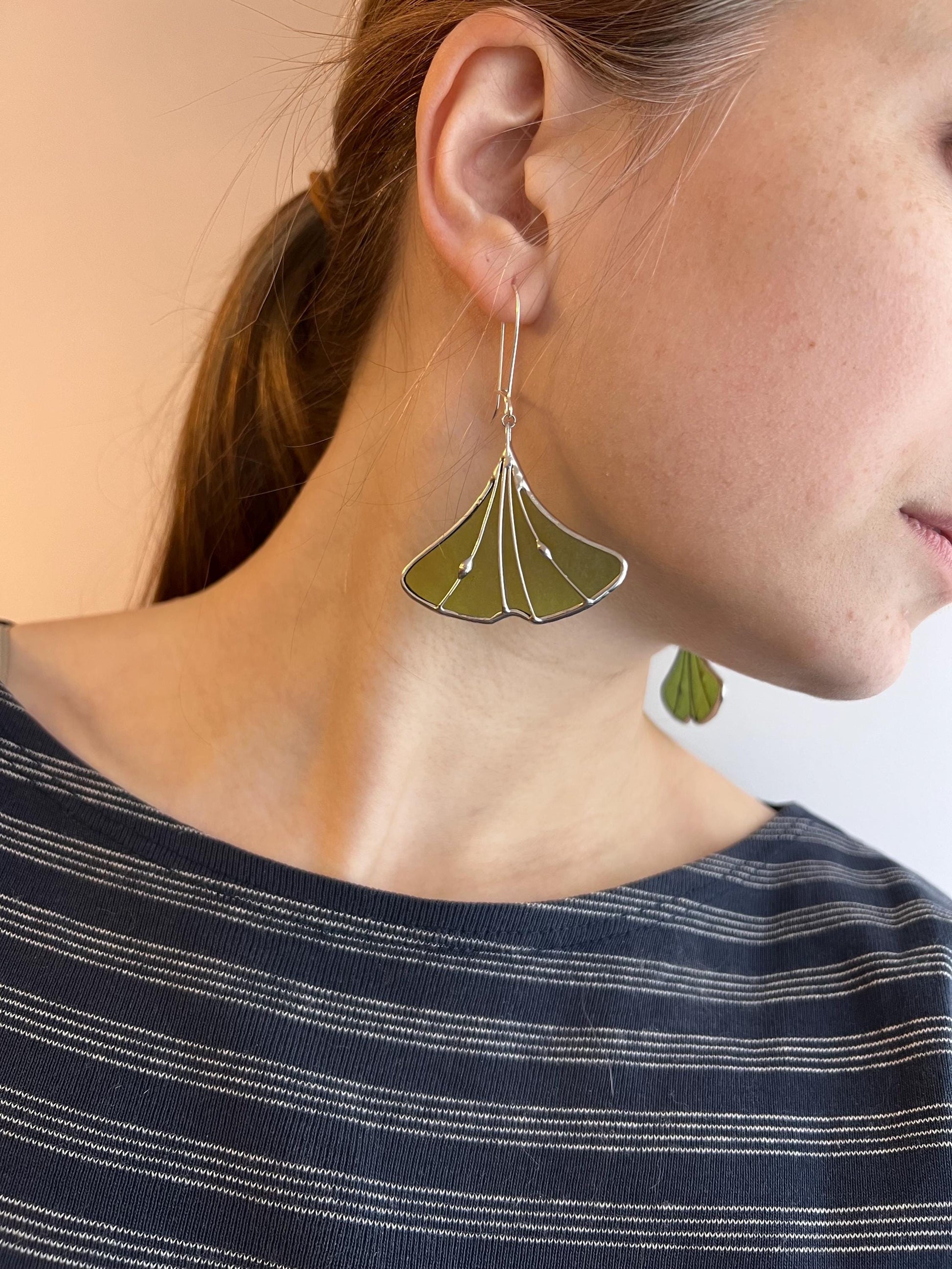 Stained Glass Ginkgo Leaf Earrings: Green Copper Dangle Plant Jewelry