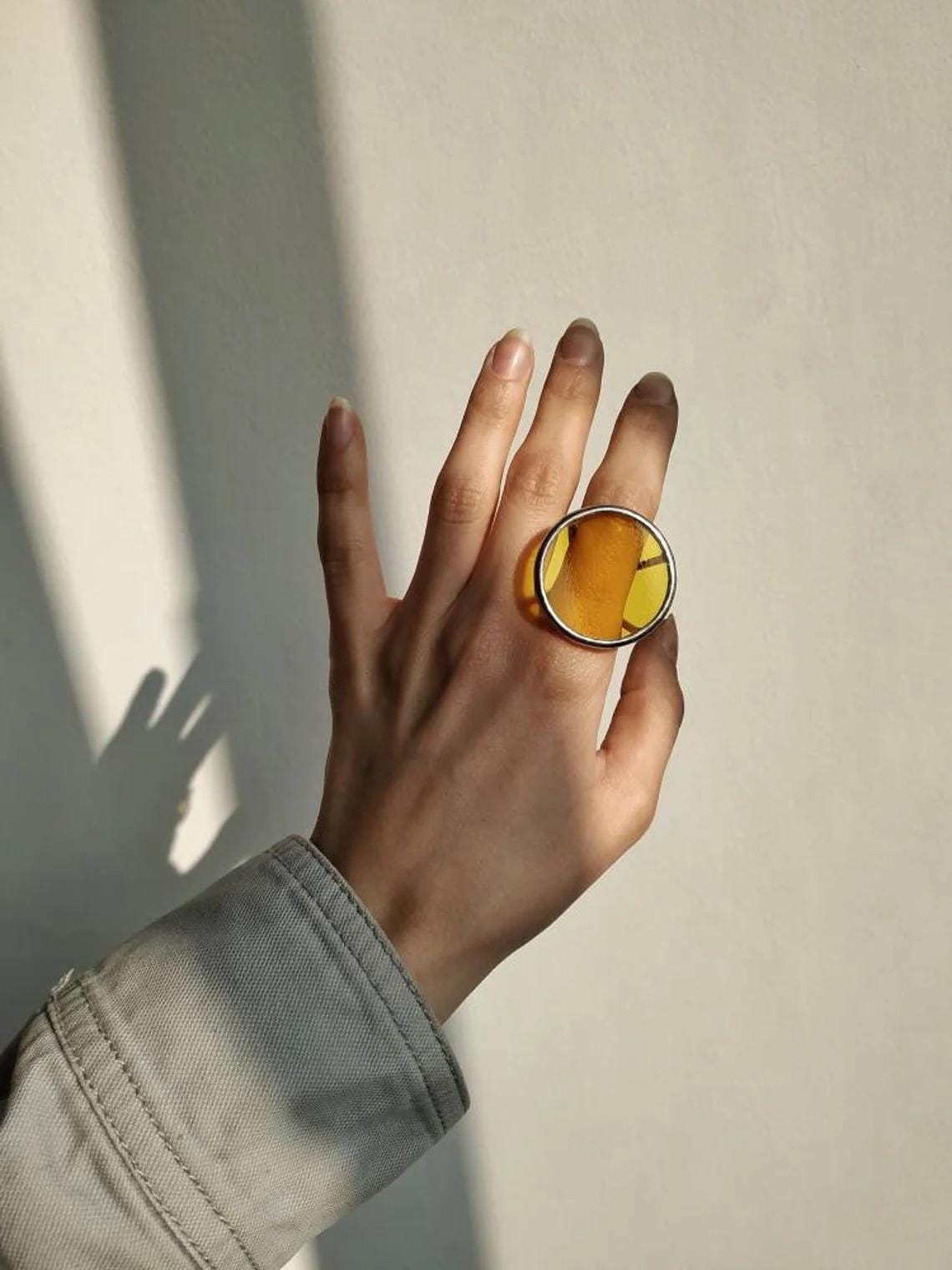 Large disk yellow glass ring statement jewelry