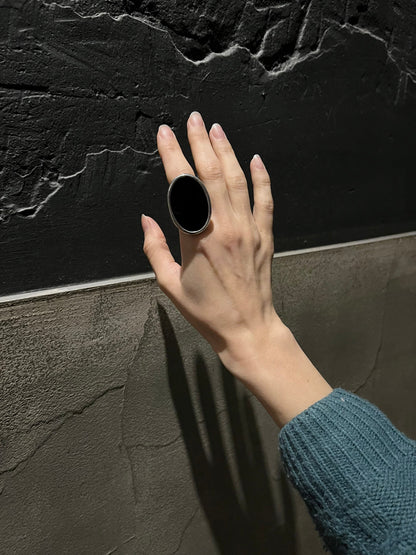 Black massive stained glass ring, large oval ring, dark gothic ring, statement chunky ring, big disk ring, geometric jewelry, gift for women