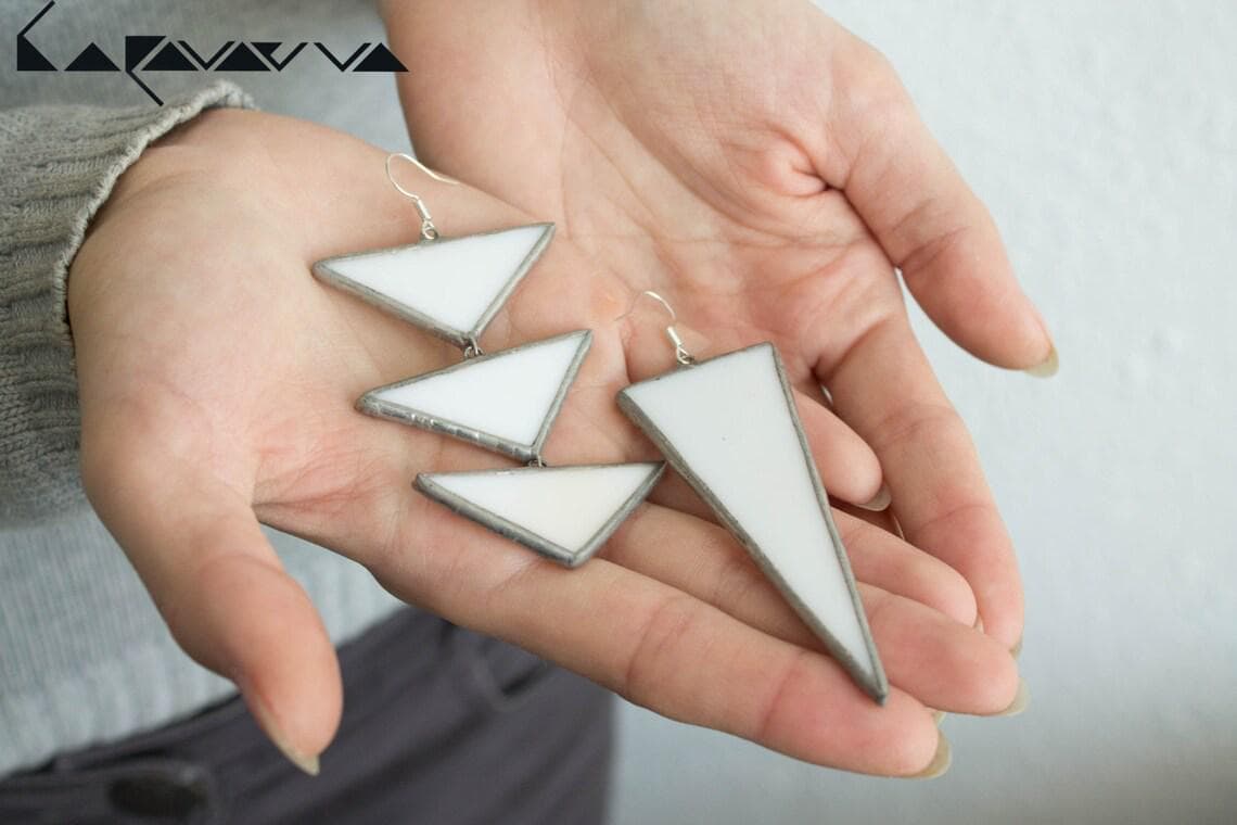 Asymmetric Stained Glass Triangle Earrings: Modern Geometric Dangle