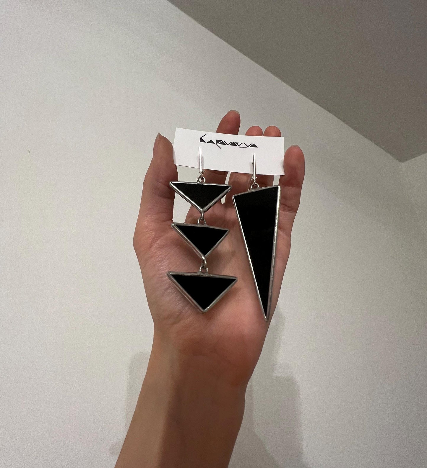 Stained glass black asymmetric earrings, dangle triangle earrings, modern mismatched earrings, unique earrings, birthday gift for her