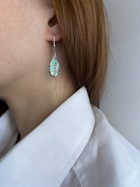 Botanical dangle earrings, stained glass leaf earrings, nature forest jewelry, festival drop earrings, gift for women, spring earrings