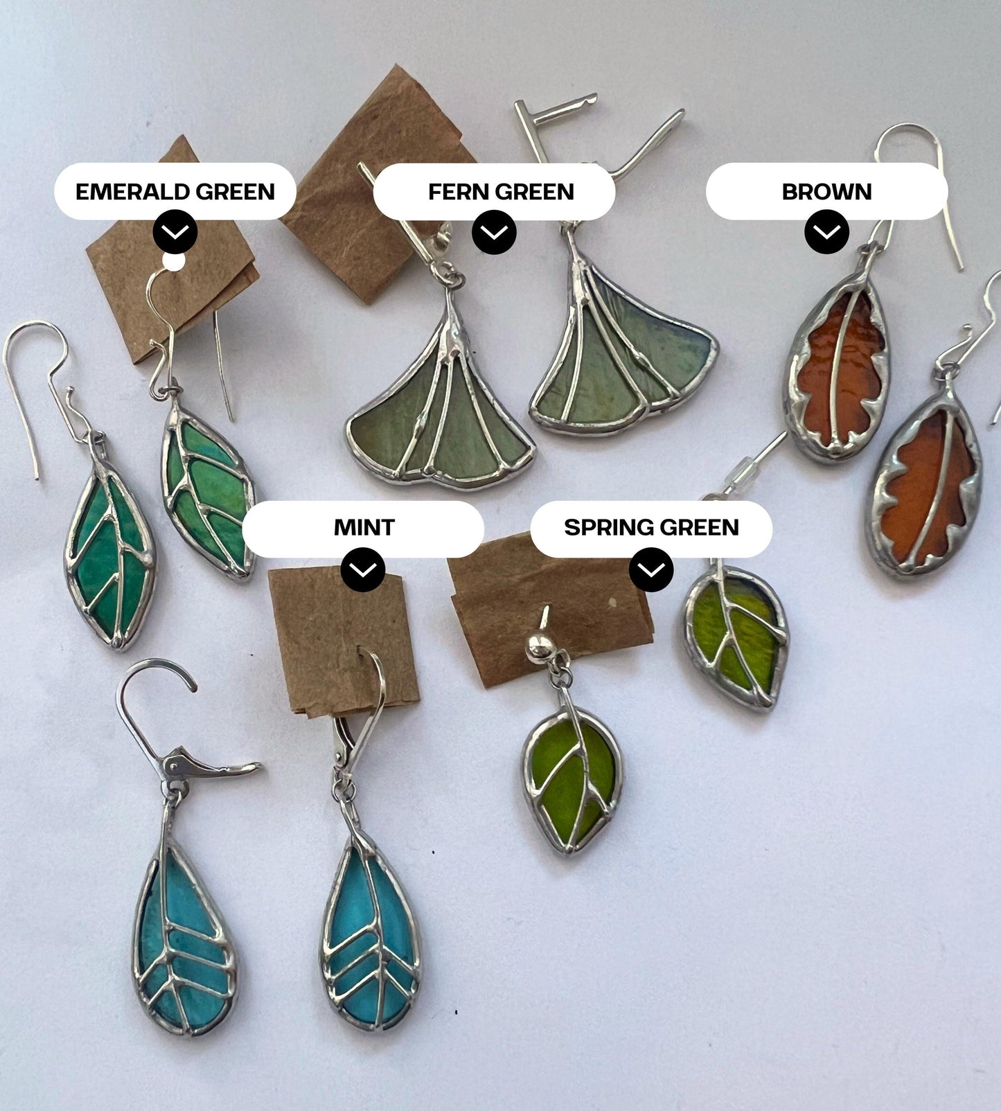 Green stained glass leaf earrings color options displayed on white background