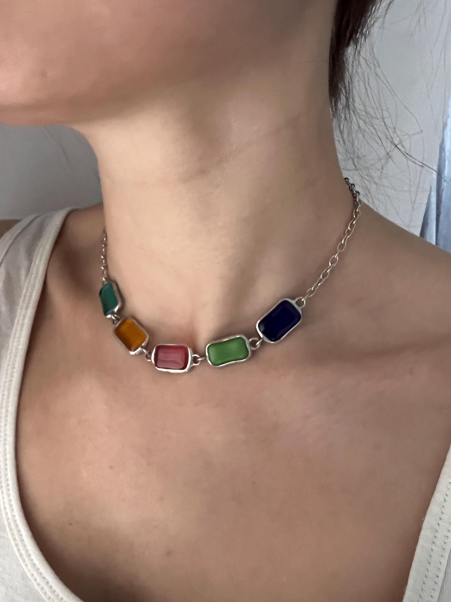 Family birthstone necklace, fused glass multi drop necklace, colorful chunky necklace, statement jewelry, gift for mom, bohemian necklace